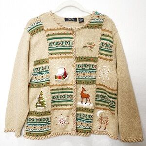 Crystal-Kobe Christmas Button Front Cardigan Sweater Reindeer Sequins Holiday XL